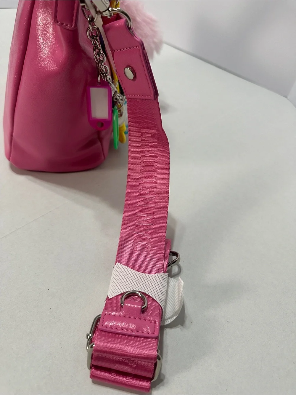 Hot Pink Patent Satchel with Fluffy Bunny Charm